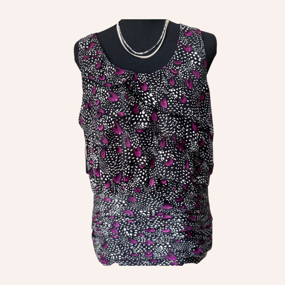 White House Black Market Black And Purple Abstract Print Ruffle  Sleeveless Top